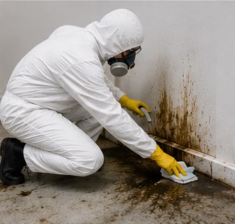 Biohazard Cleaning technician in a protective suit and respirator decontaminating a contaminated wall and floor