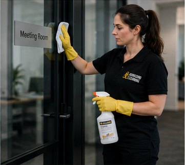 Biohazard Cleaning technician disinfecting a glass partition during a commercial clean