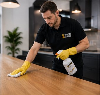 A Biohazard Cleaning technician in branded uniform cleaning and sanitising a surface on site